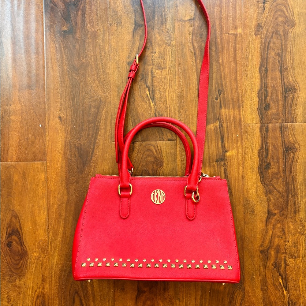 DKNY Red Satchel with Gold Studs